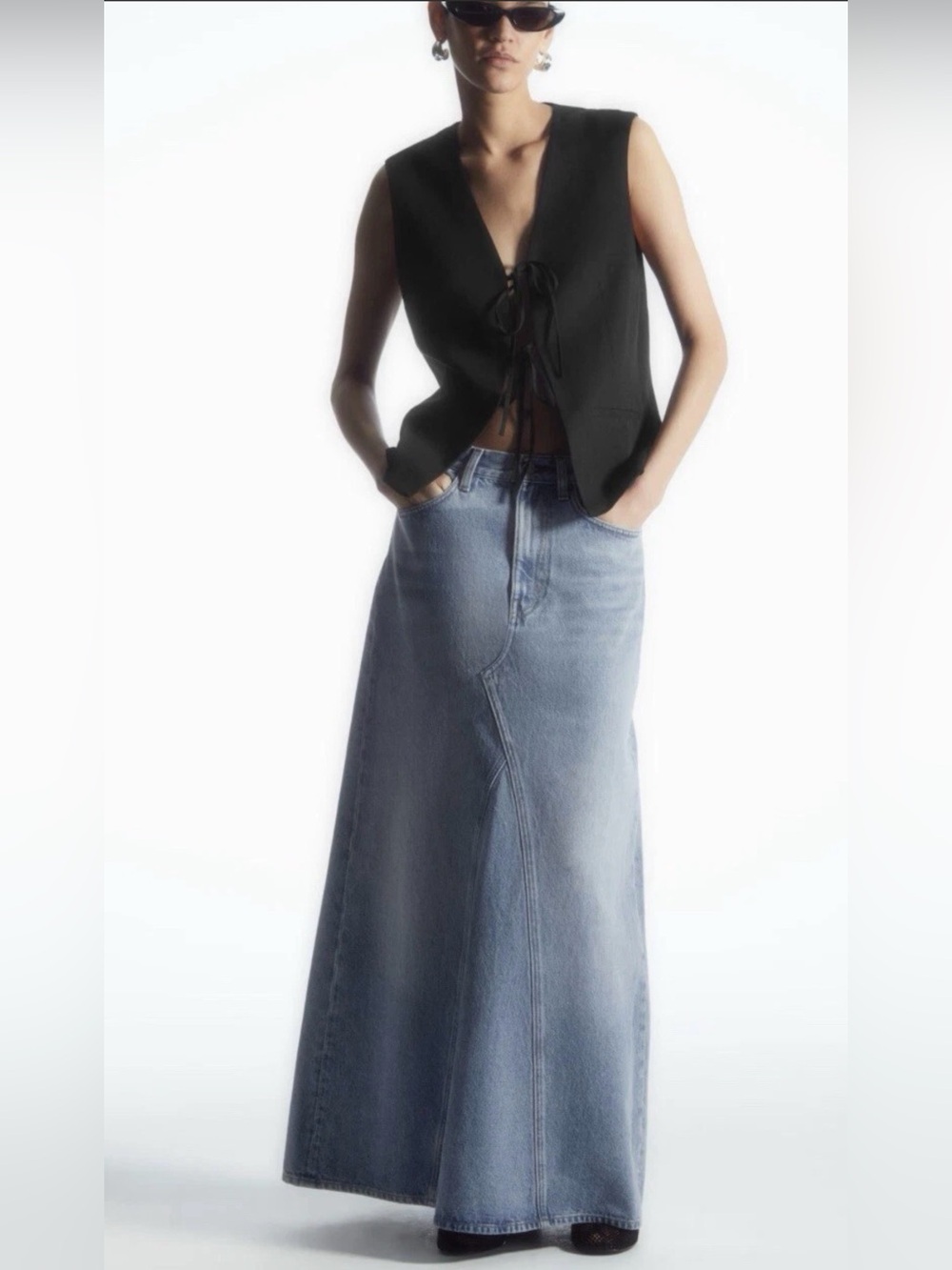 COS Blue Panelled Denim Maxi Skirt 100% Cotton High Rise Size 4